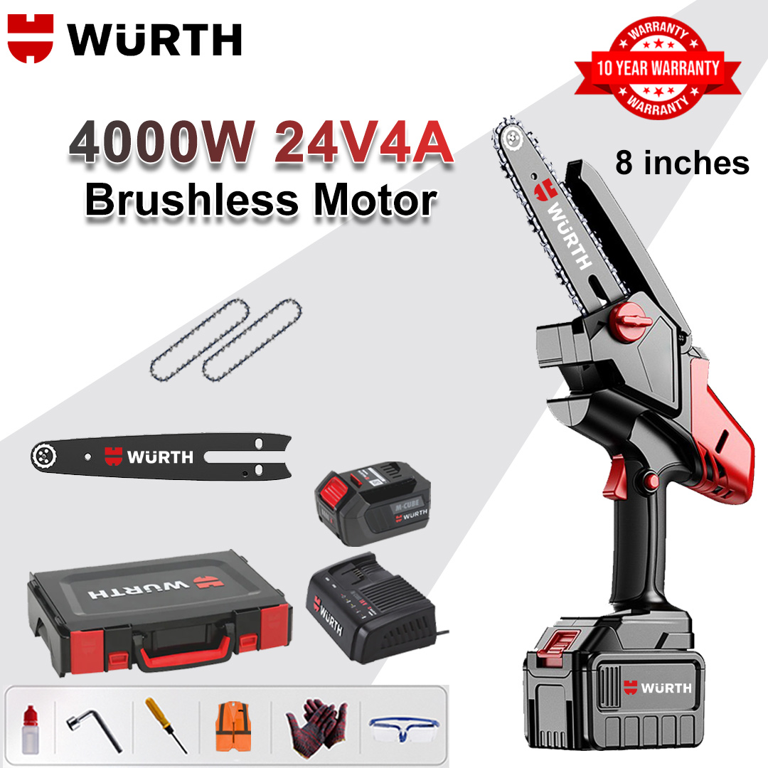 8 Inch Brushless Lithium Electric Saw, Power 4000W, 24V 4.0Ah Battery*1, Charger, Guide Plate*1, Chain*2, Tool Box, Lubricant and Goggles, Five Years Warranty