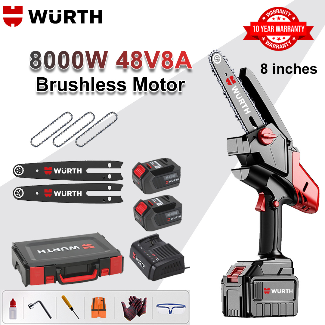 8 Inch Brushless Lithium Electric Saw, 8000W Power, 48V 8.0Ah Battery*2, Charger, Guide Plate*2, Chain*3, Tool Box, Lubricant & Goggles, Warranty five years