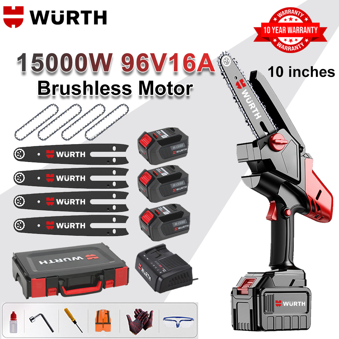 10 Inch Brushless Lithium Electric Saw, 15000W Power, 96V 16Ah Battery*3, Charger, Guide Plate*4, Chain*4, Tool Box, Lubricant and Goggles, Ten Years Warranty